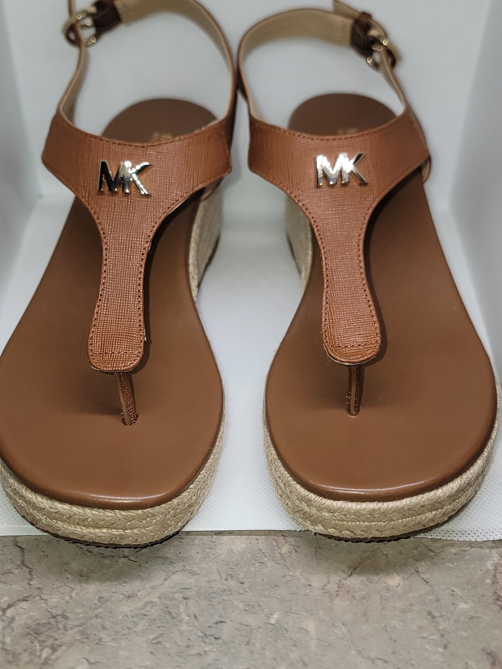 Michael Kors Brown Leather Wedge Thong Sandals
